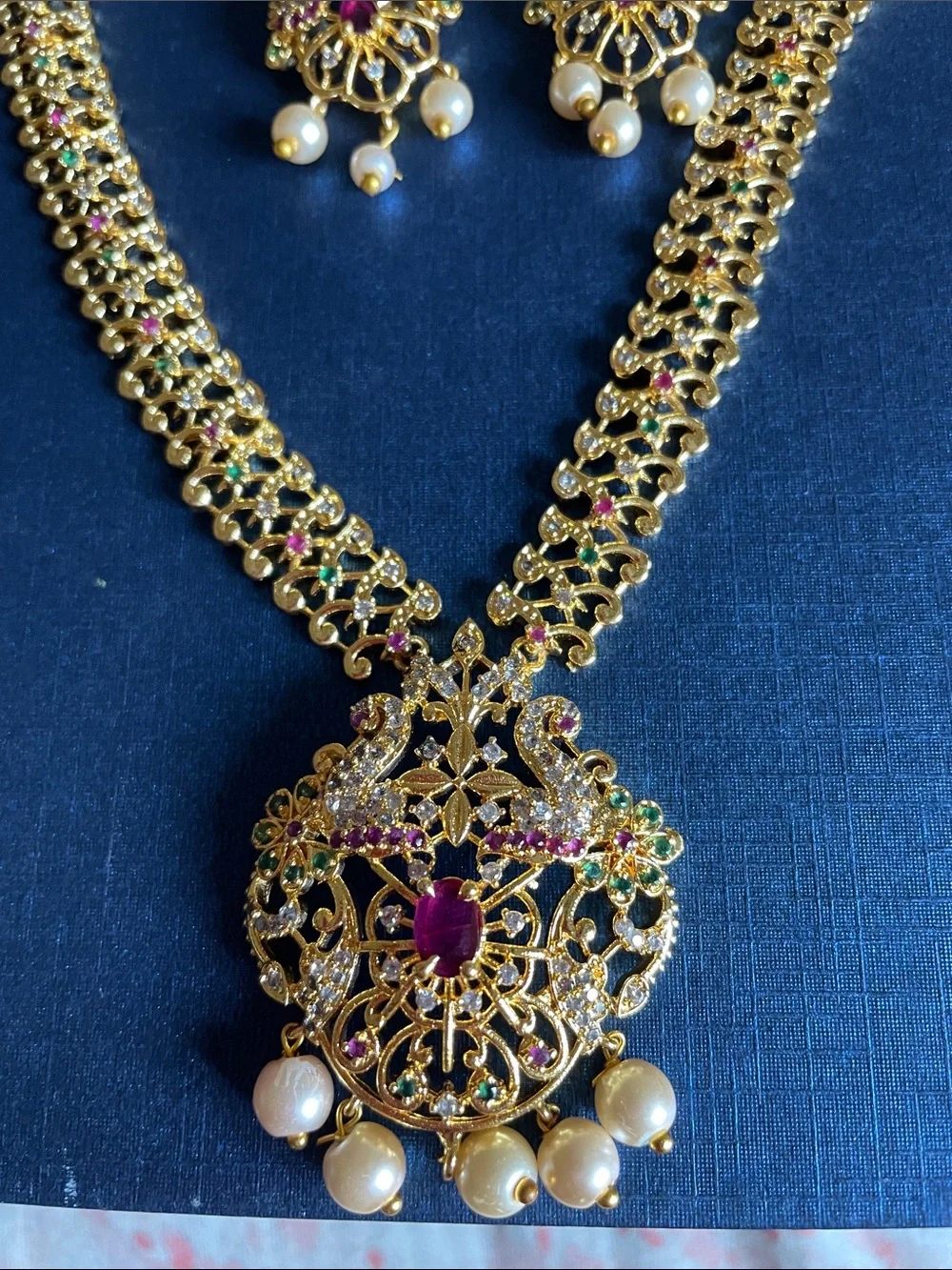 Gold Filigree Pendant Necklace and Earring Set with Pink & Green Accents